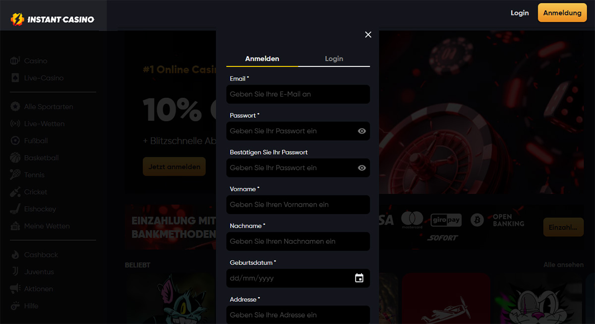 Instant Casino Registration Form