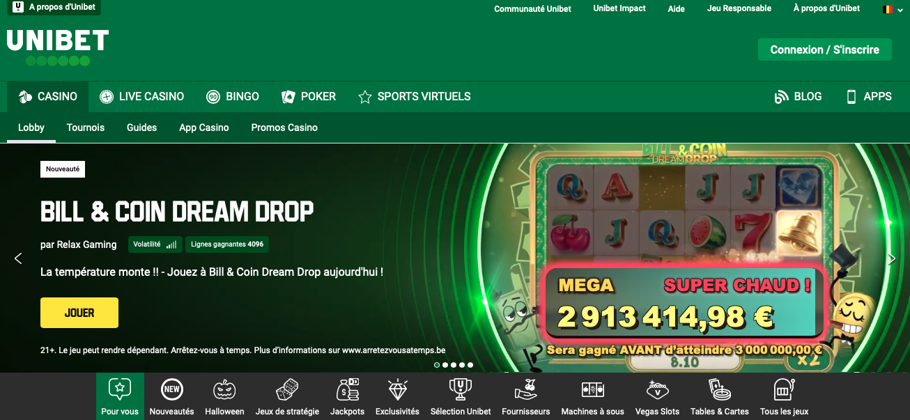 Unibet Casino belgique homepage