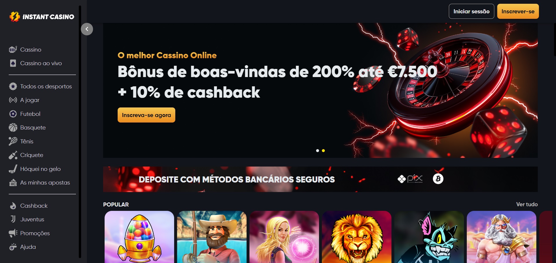 Jogos e cassinos online - Instant Casino homepage