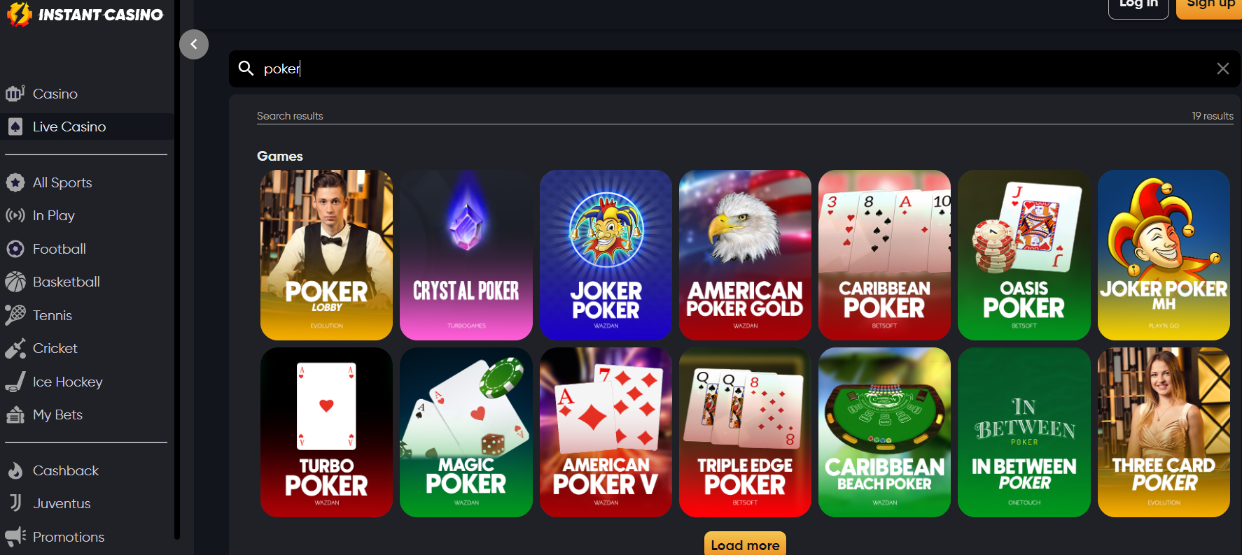 Nabídka live pokeru v Instant casinu